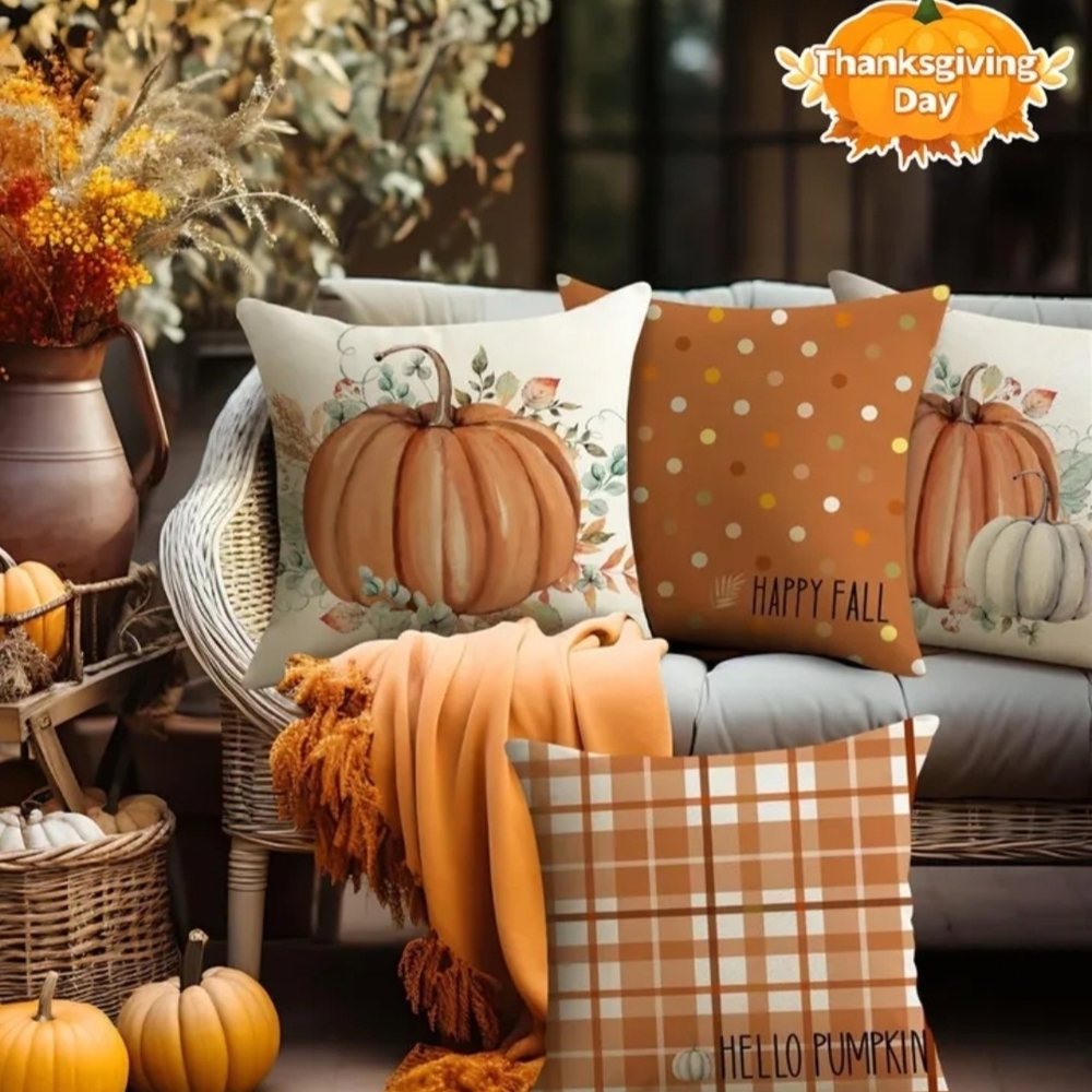 Set of 4 Fall Pumpkin Throw Pillows Covers & 4 Pillow Inserts